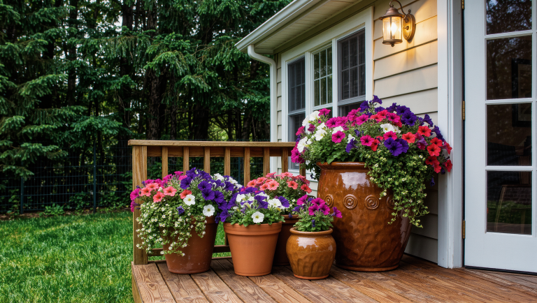 Glazed terracotta pots of layered petunias soften the hard edge where a wooden deck meets the lawn.