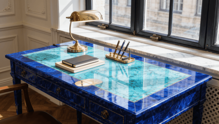 A sapphire lacquered desk sits perpendicular to a window, lit by daylight and a brass lamp.