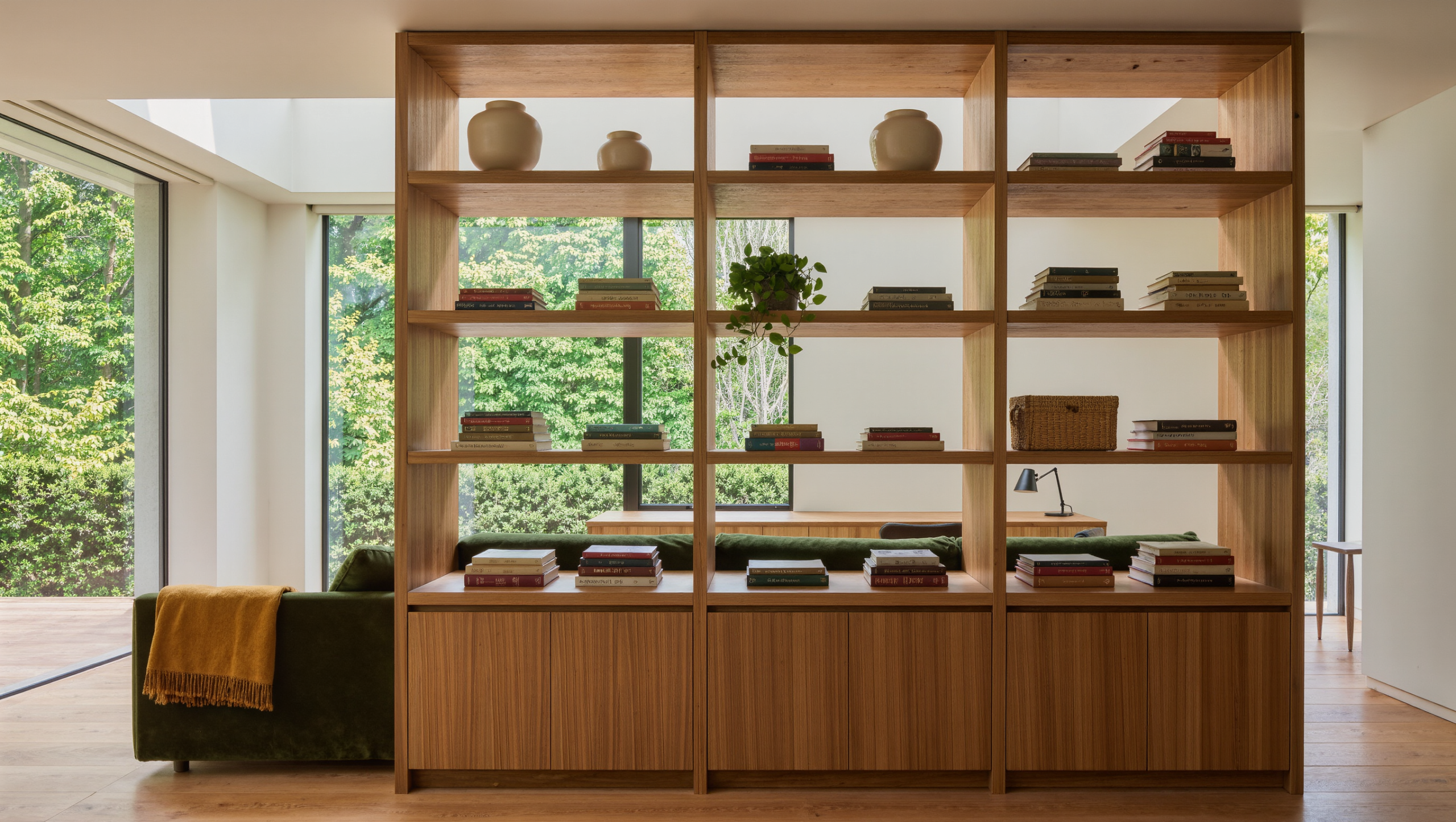 A double-sided oak shelving unit dividing a bright room, with a green sofa on one side and a desk zone visible through the shelves.