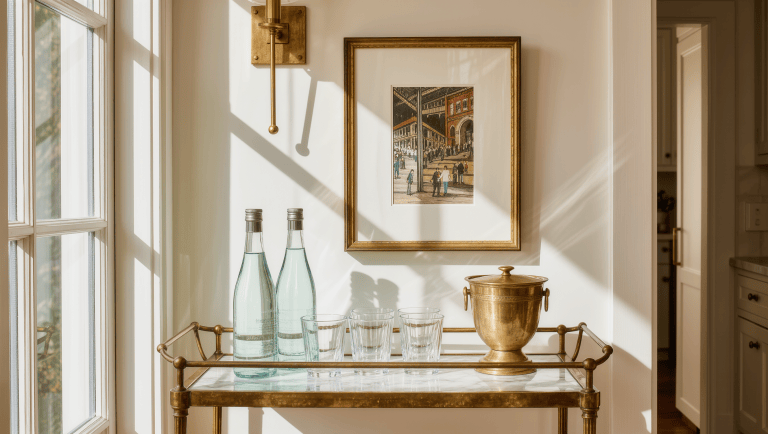 A brass tray table with glassware and an ice bucket forms a drinks station outside the kitchen.
