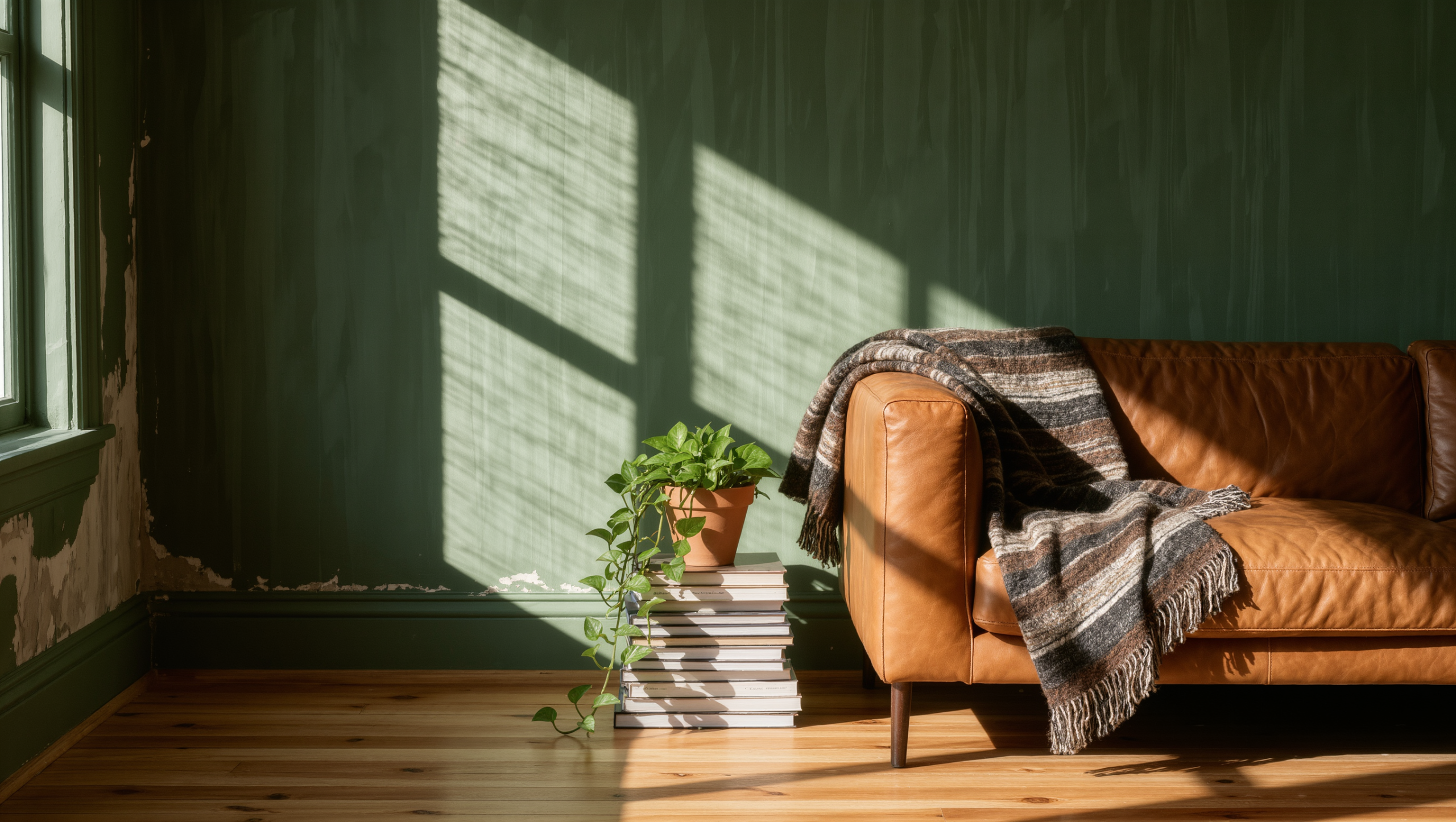 Deliberately empty corner of a sage-green room with window-pane sunlight across the plaster wall and a caramel leather sofa at the edge