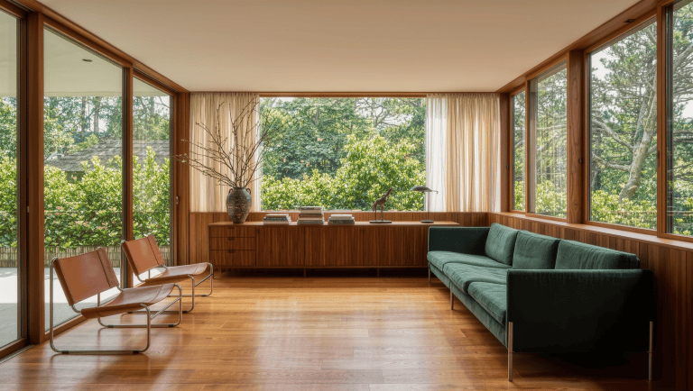 A sunlit living room with furniture composed at the edges and a wide expanse of open wood floor left deliberately clear in the center.
