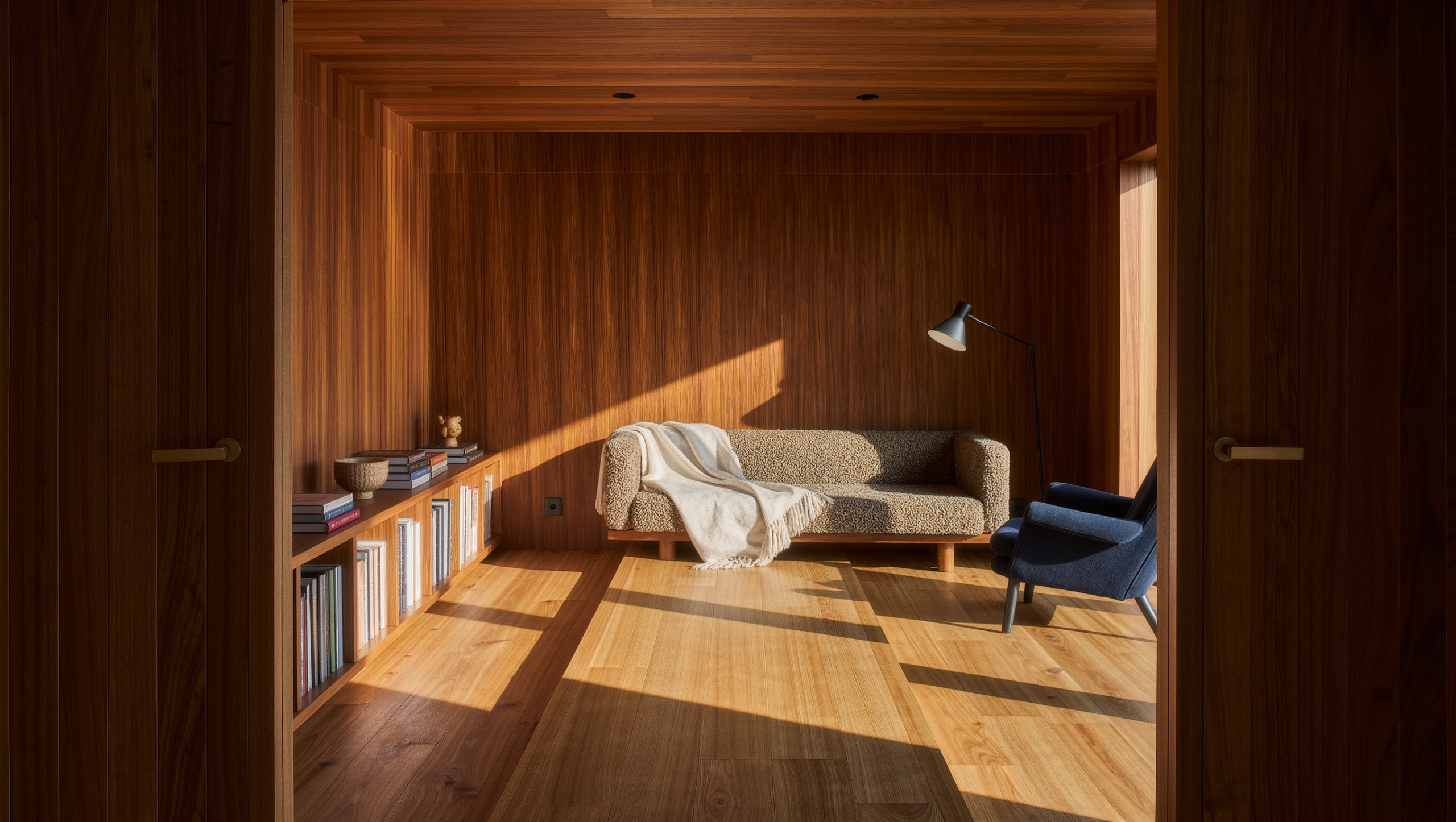 Clear sunlit diagonal walking path across the oak floor of a wood-panelled sitting room with a boucle settee and navy armchair