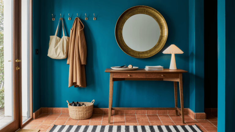Entry drop zone with a walnut console against a peacock-blue wall, key tray, brass coat hooks, and a woven shoe basket