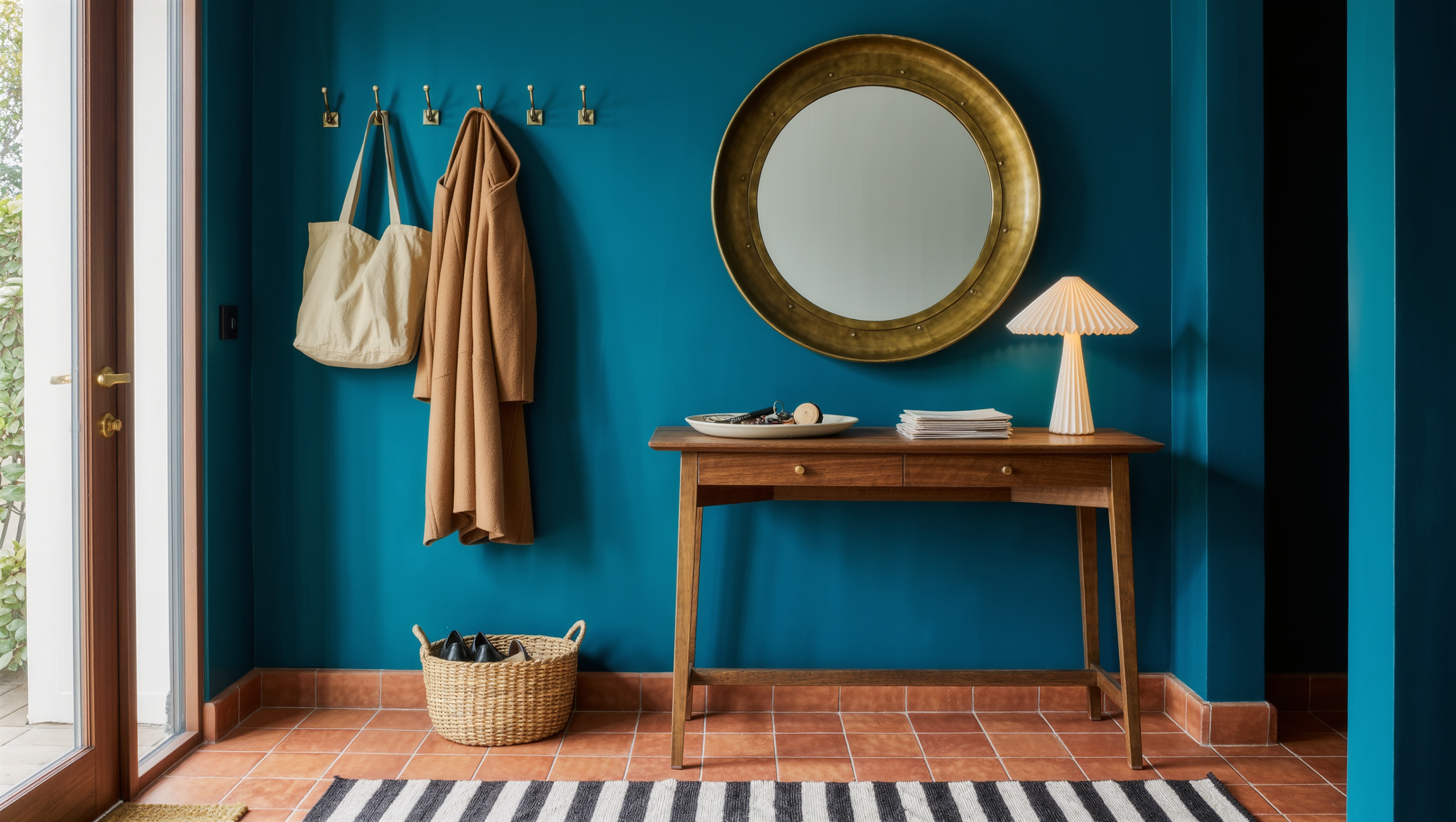 Entry drop zone with a walnut console against a peacock-blue wall, key tray, brass coat hooks, and a woven shoe basket