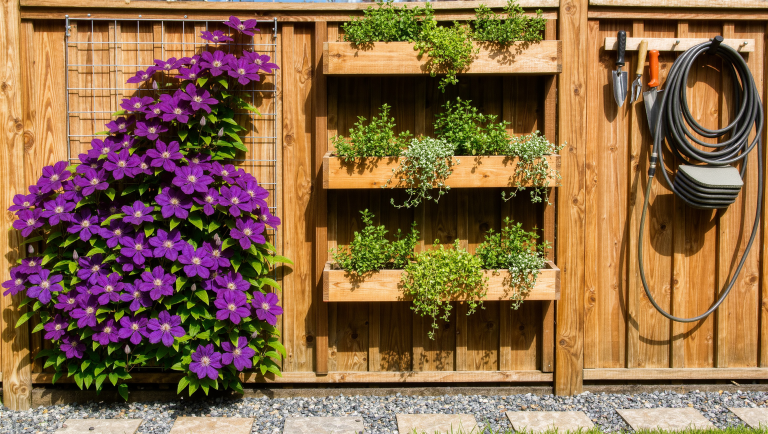 A cedar fence with a wire trellis of plum clematis, staggered mounted planter boxes of herbs, and a tidy tool rail with a coiled hose.
