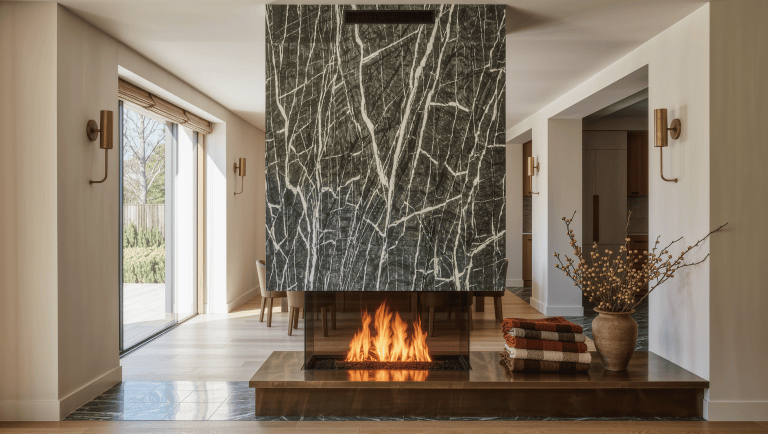 A narrow veined-marble double-sided fireplace glows between two rooms with open passage on either side.