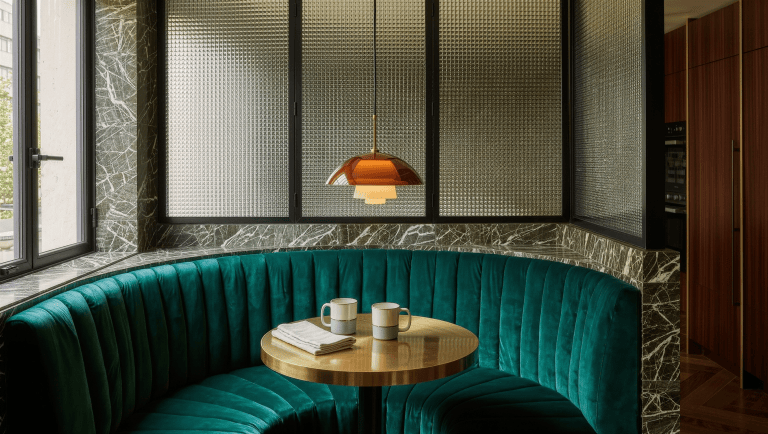An emerald velvet built-in banquette with a small brass-edged table sits beside a marble kitchen boundary wall.