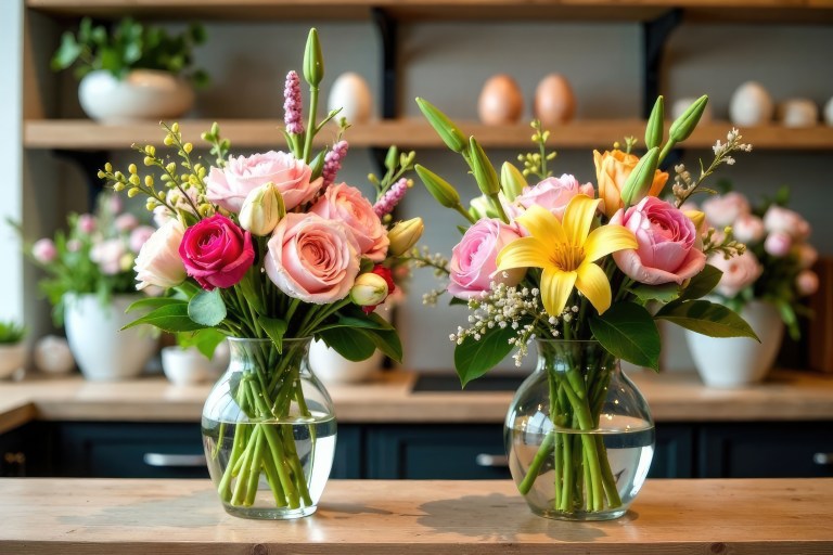 Two glass vases of pink roses, lilies, and yellow accents sit on a wooden counter in front of dark green kitchen cabinetry.