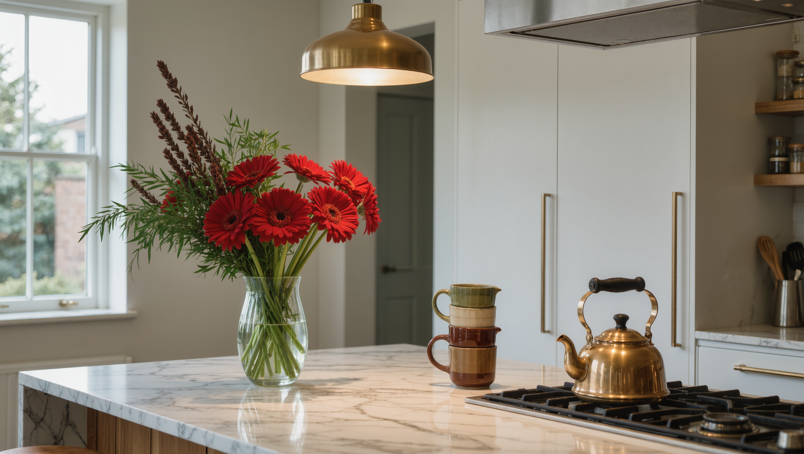 A ceramic vase with red gerbera daisies and dark greenery sits on a marble kitchen counter beside a brass kettle.