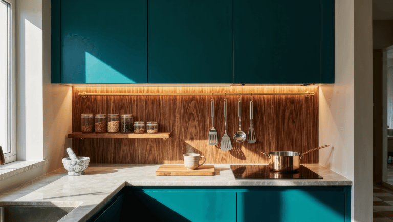 Small kitchen working wall with teal cabinets, walnut backsplash, hanging utensils, and glass storage jars beside the hob