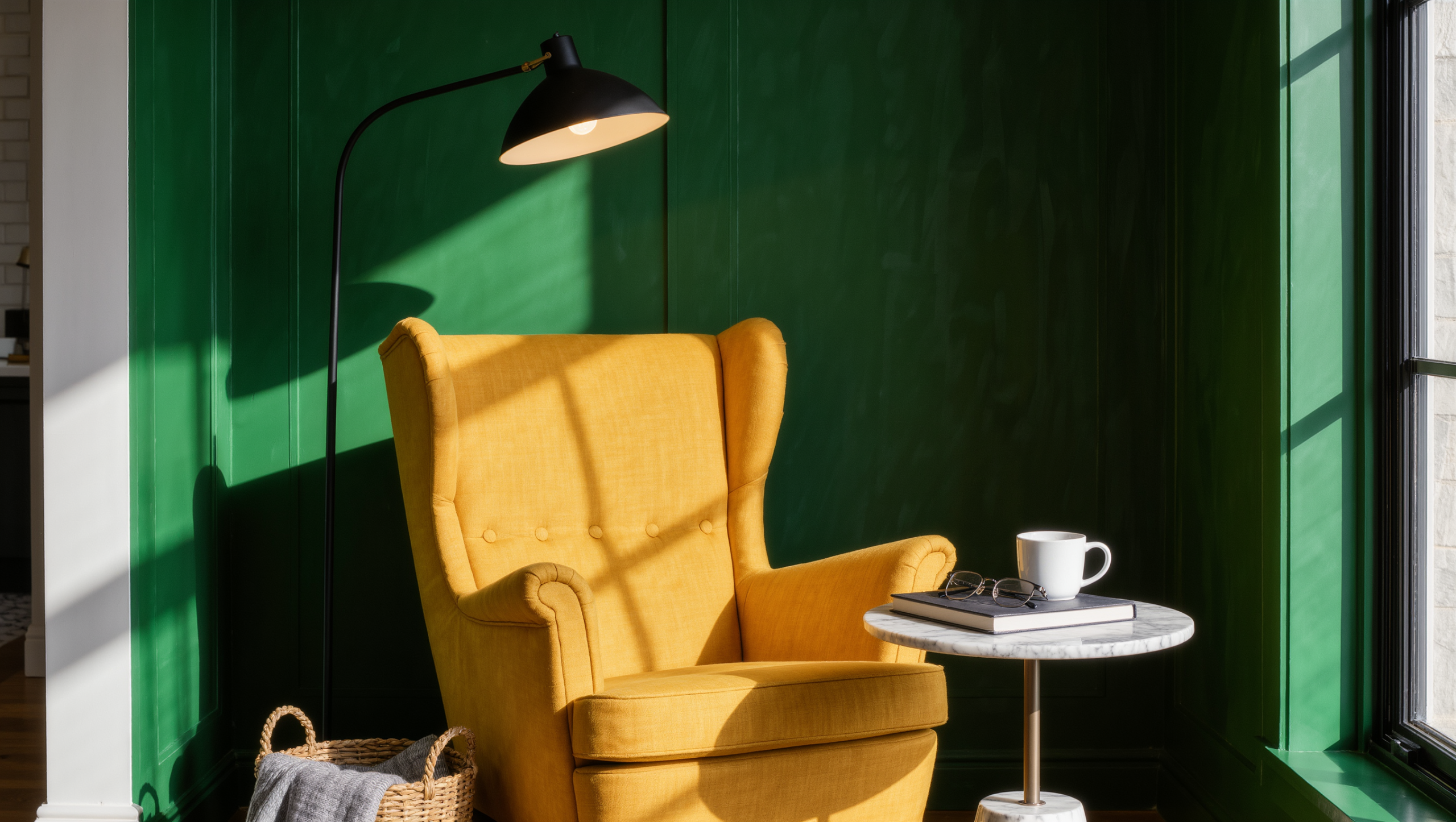 A sunny reading corner with a mustard wingback chair, an arched black floor lamp pouring light over its shoulder, and a marble side table within reach.