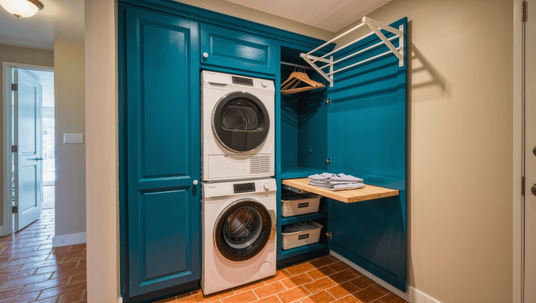 Compact laundry closet with stacked washer and dryer in a teal surround, extended pull-out folding shelf, and labeled sorting baskets