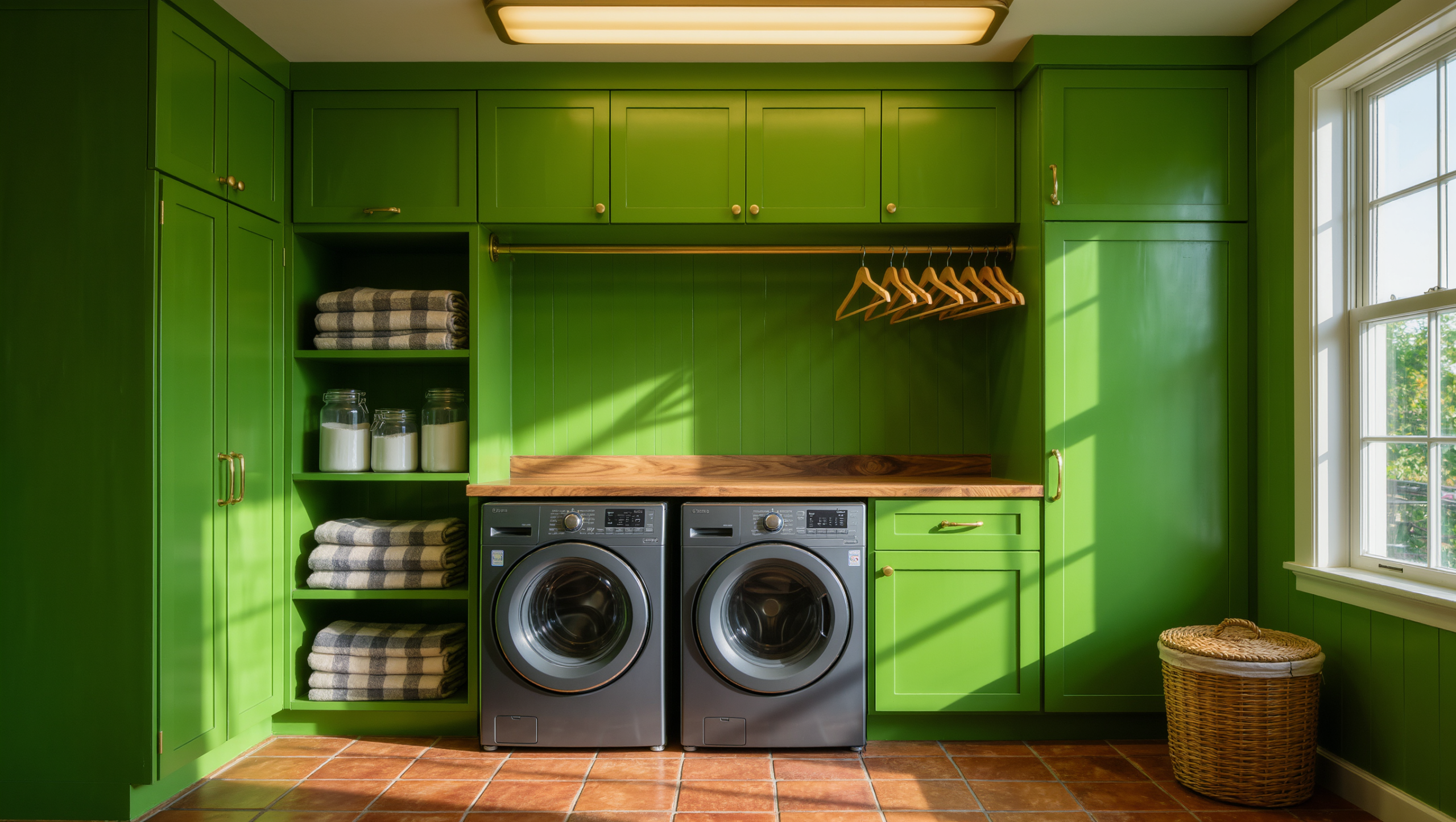 Bottle-green laundry room with a walnut folding counter over a graphite washer and dryer, brass hanging rail, and folded plaid towels