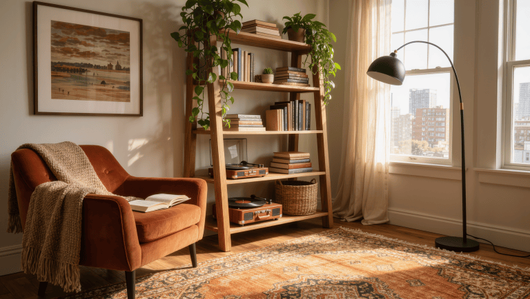 Renter-friendly living room corner with a freestanding oak shelf unit, rust armchair, layered rugs, and an arched floor lamp