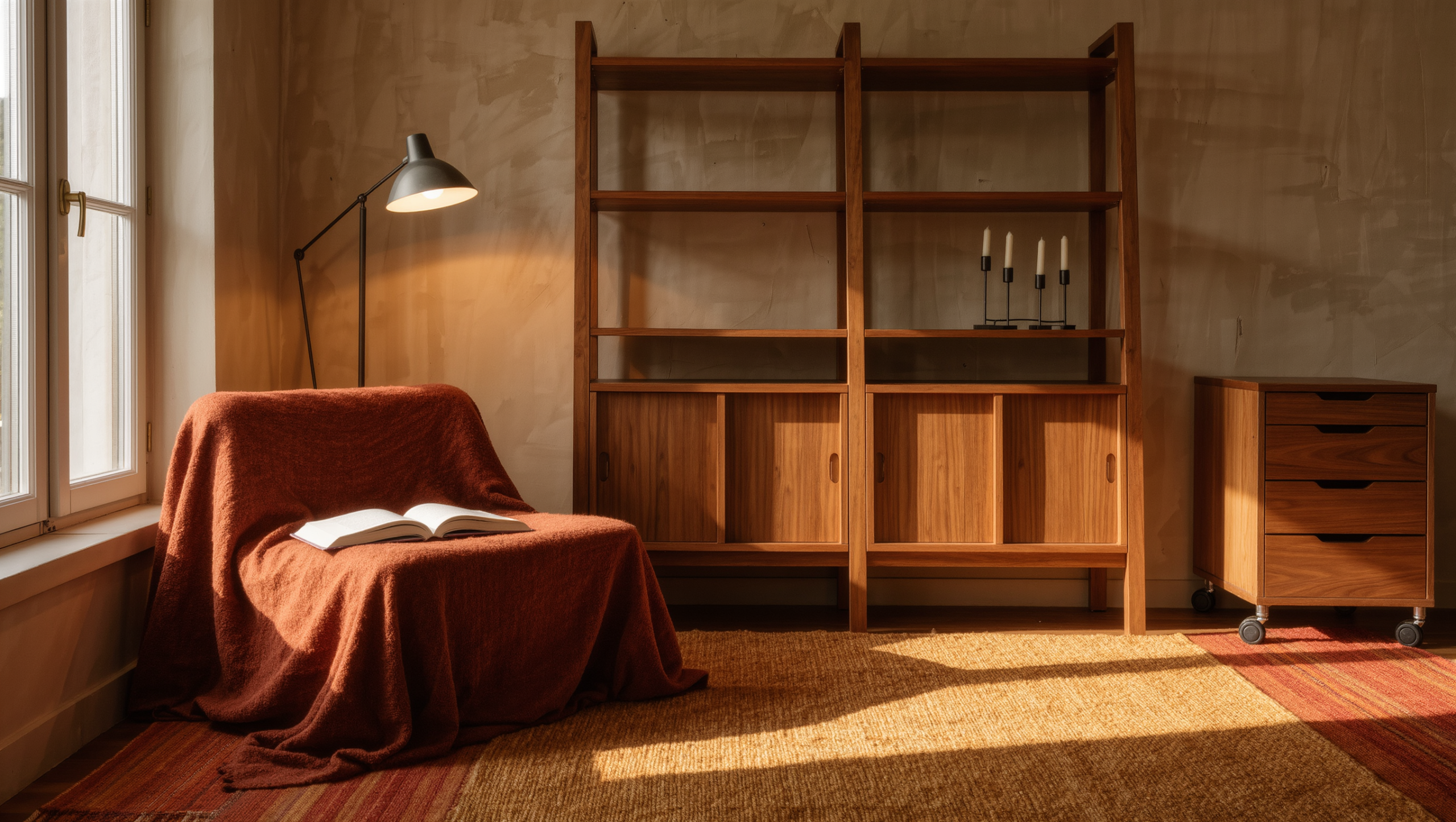 Rental living room with a freestanding shelving unit, floor lamp, rolling cart, and a rug defining the seating zone