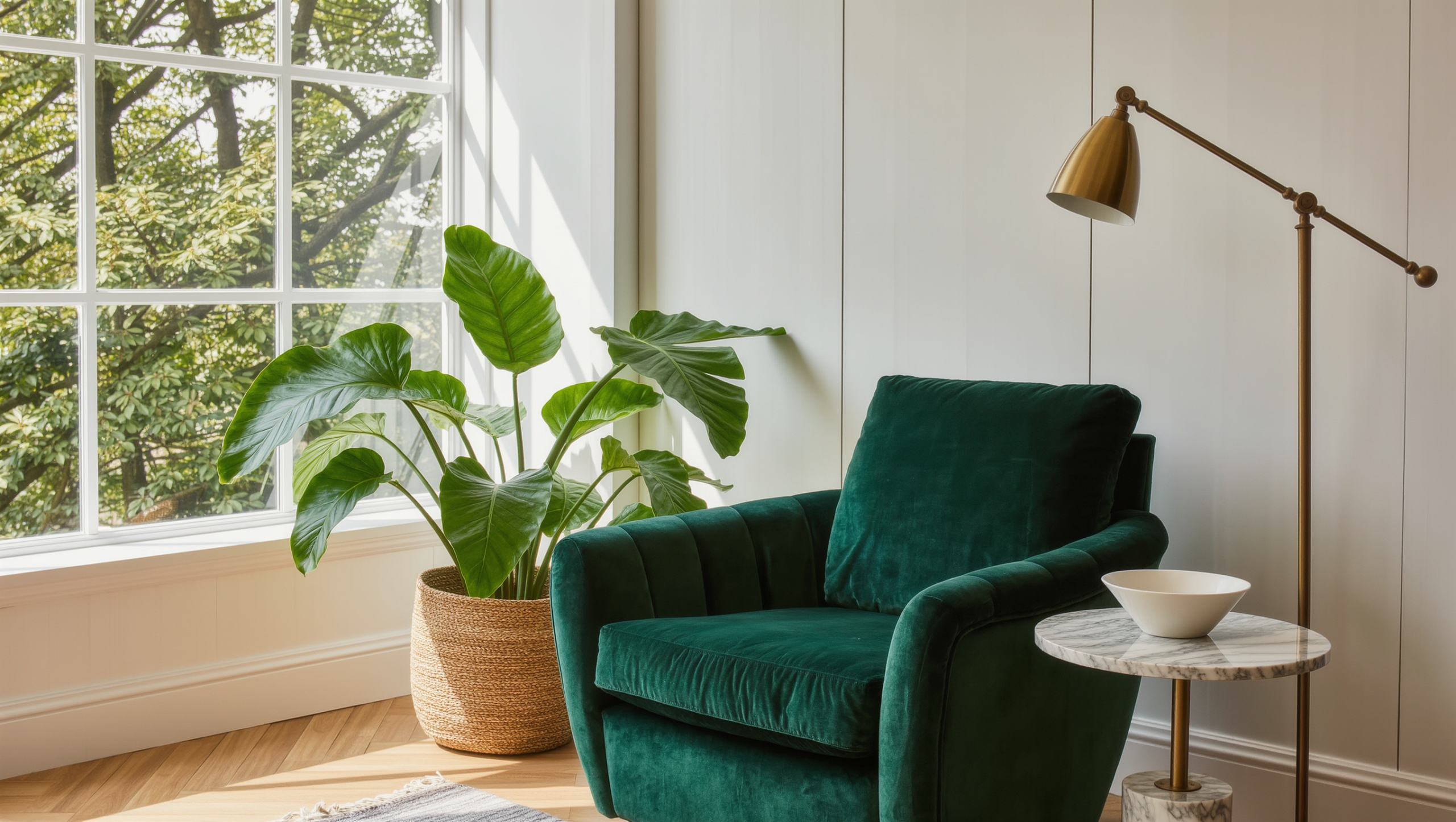 A single deep bottle-green velvet armchair anchors a neutral living room corner beside one ceramic bowl.