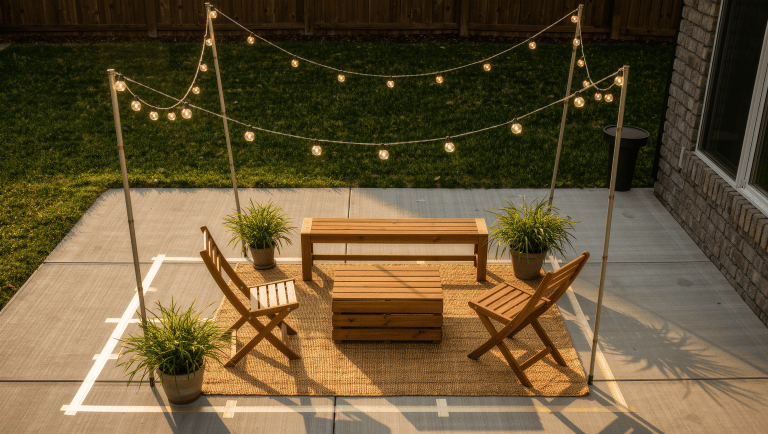 Patio seating arrangement being test-fitted with folding chairs, a crate coffee table, a jute rug, and cafe string lights at golden hour