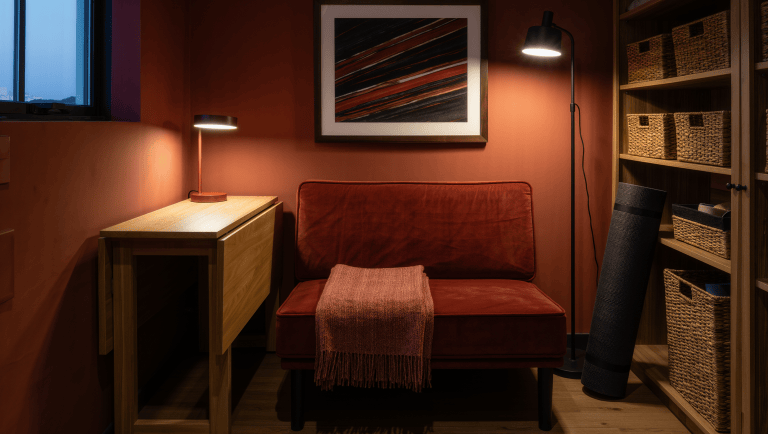 Multi-use room with a compact sofa, a drop-leaf table folded against the wall, parked baskets, and layered lamp light
