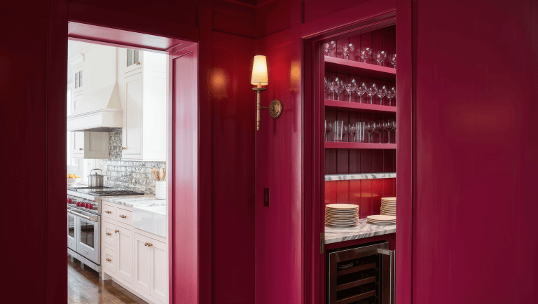 A wide open doorway connects a jewel-toned pantry to the kitchen with an unobstructed path between them.