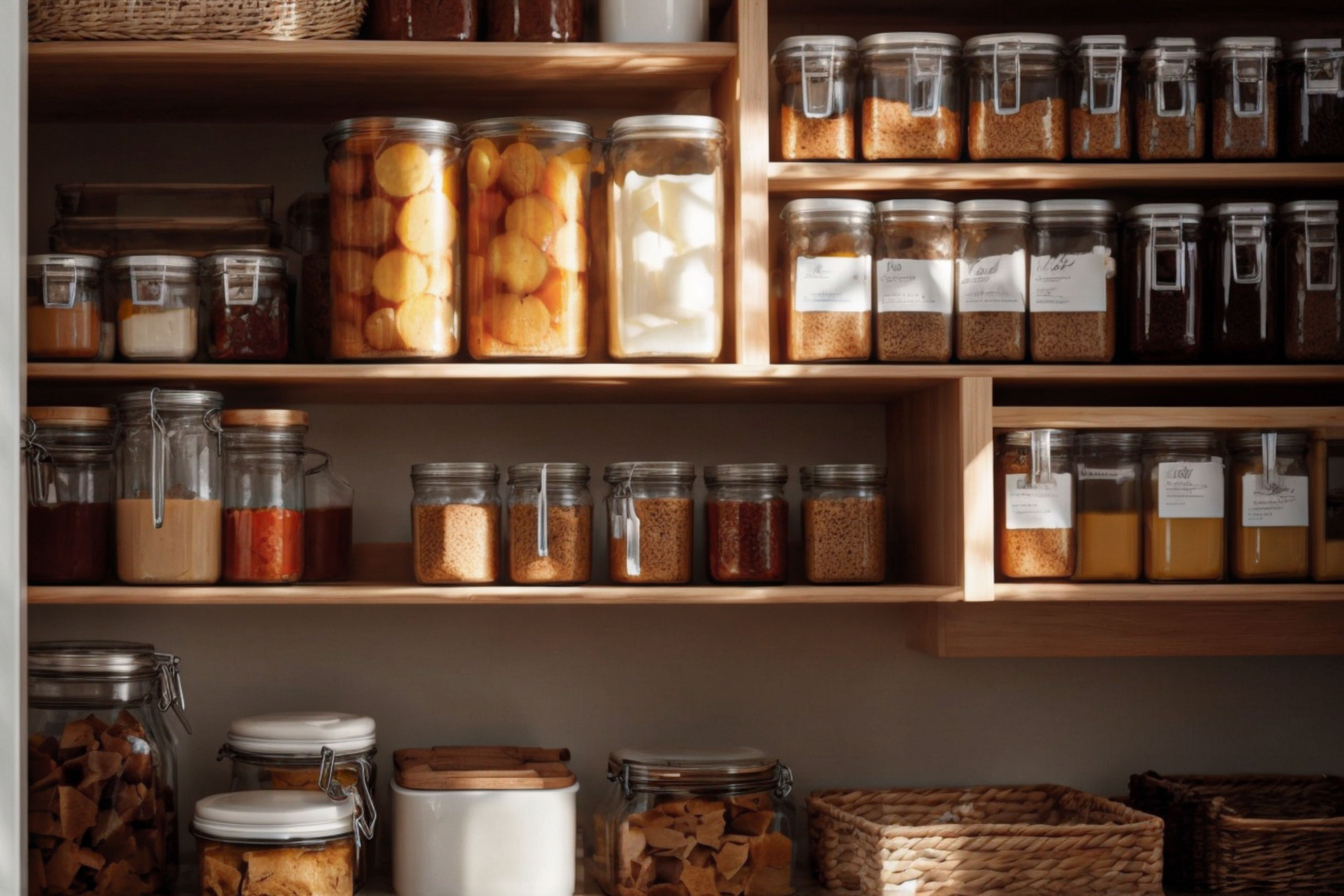 Open wood shelving in a richly stocked pantry holds glass jars of preserves, baskets, and canisters in an organized cottage-style arrangement.