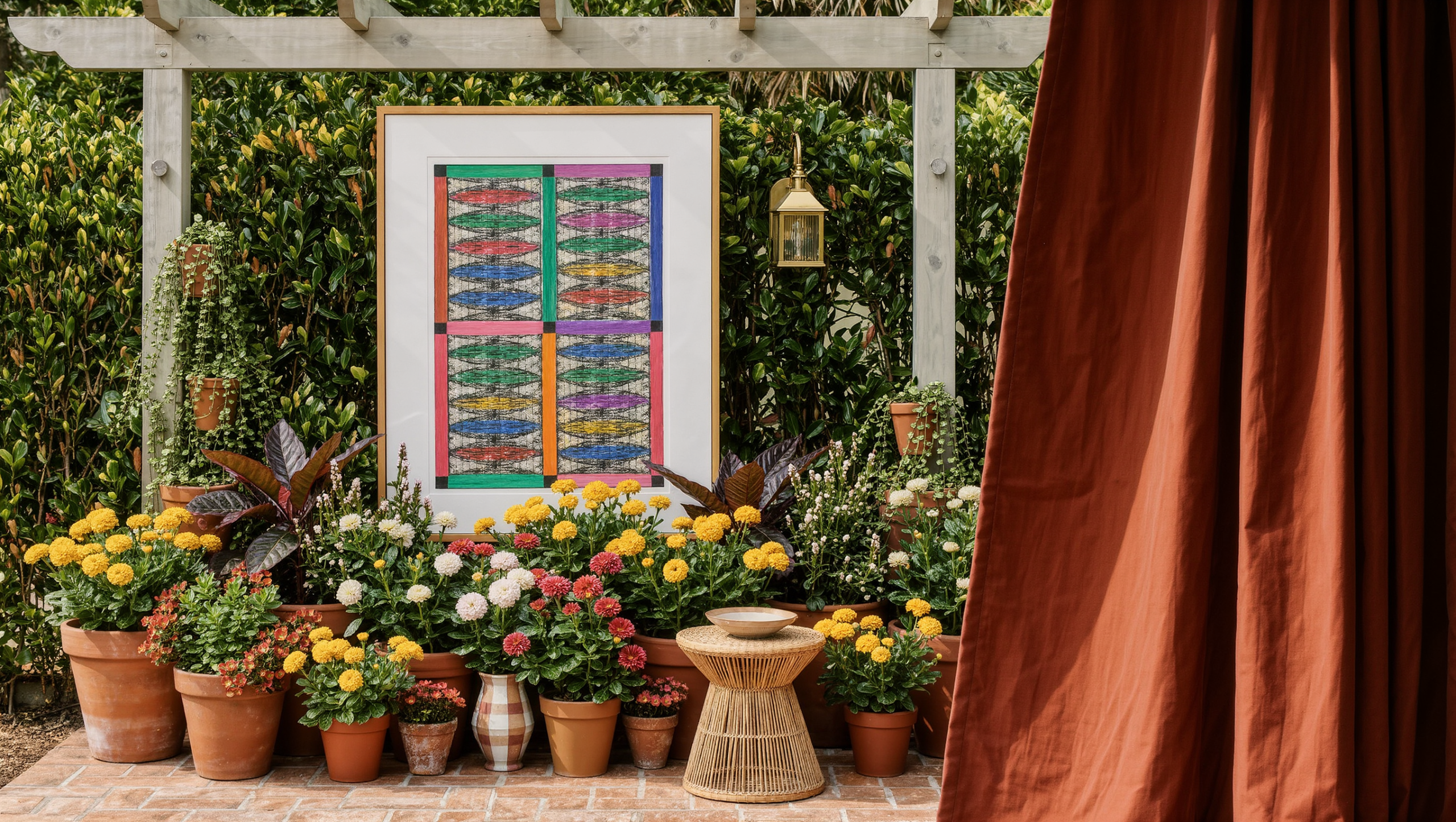 A weatherproof framed artwork hangs on a pergola post surrounded by layered potted flowers and an outdoor curtain.