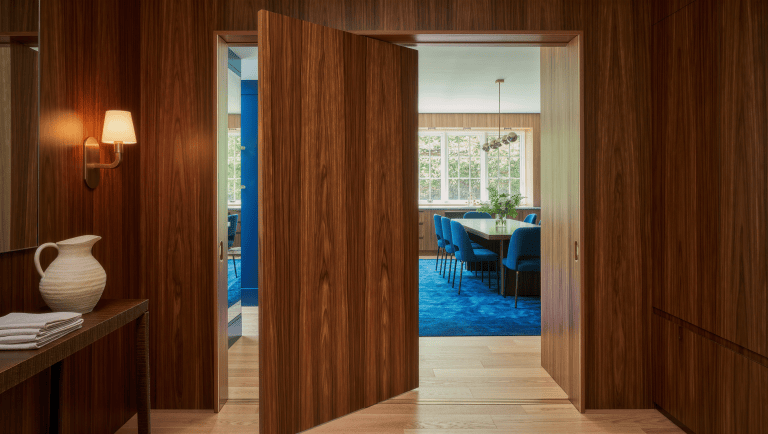 A walnut-veneer sliding panel is partially retracted into a wall pocket between a living room and dining room.