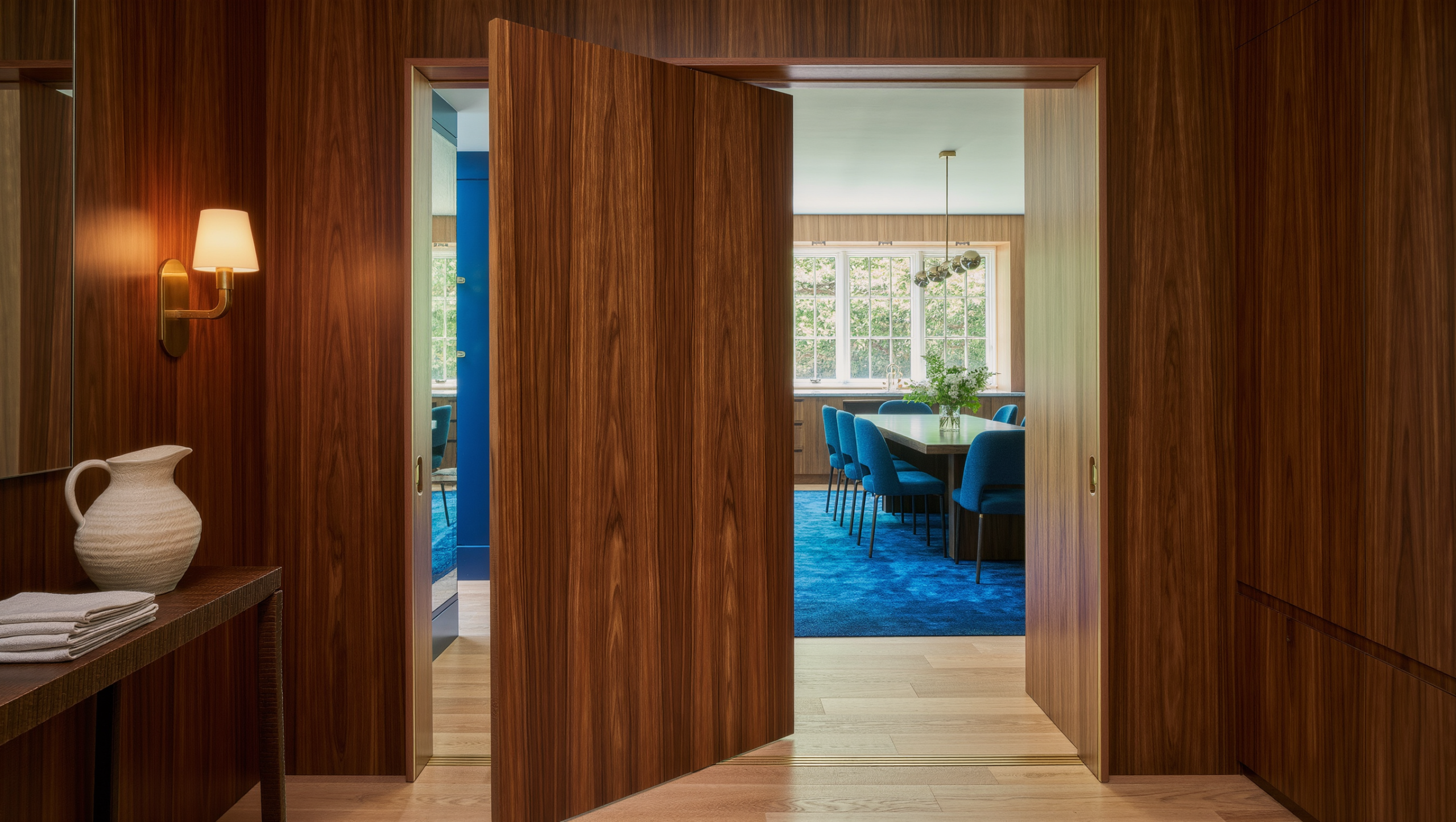 A walnut-veneer sliding panel is partially retracted into a wall pocket between a living room and dining room.