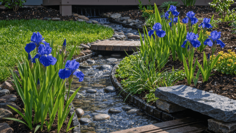 A planted rain garden basin with irises and switchgrass catching flow from a river-stone dry creek, with a stone overflow notch at its edge.
