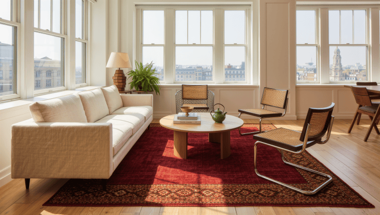 A daylit living room where a large oxblood-and-rust rug gathers a cream sofa, cane armchairs, and an oak coffee table into one grouping.