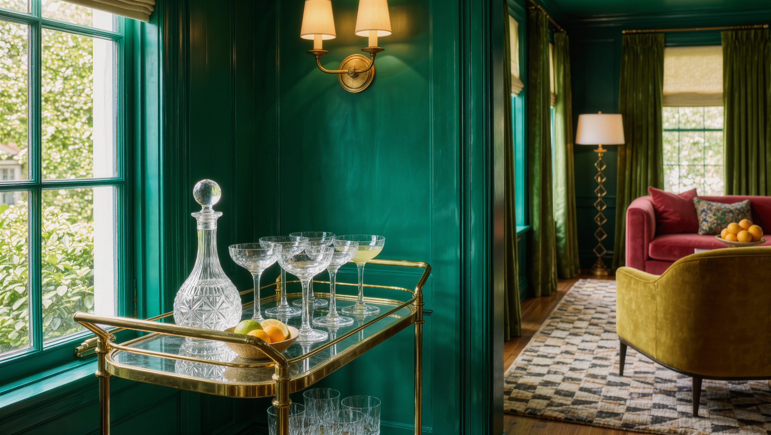 A brass bar cart with a decanter and glassware sits on the outer edge of a living room with a clear path.