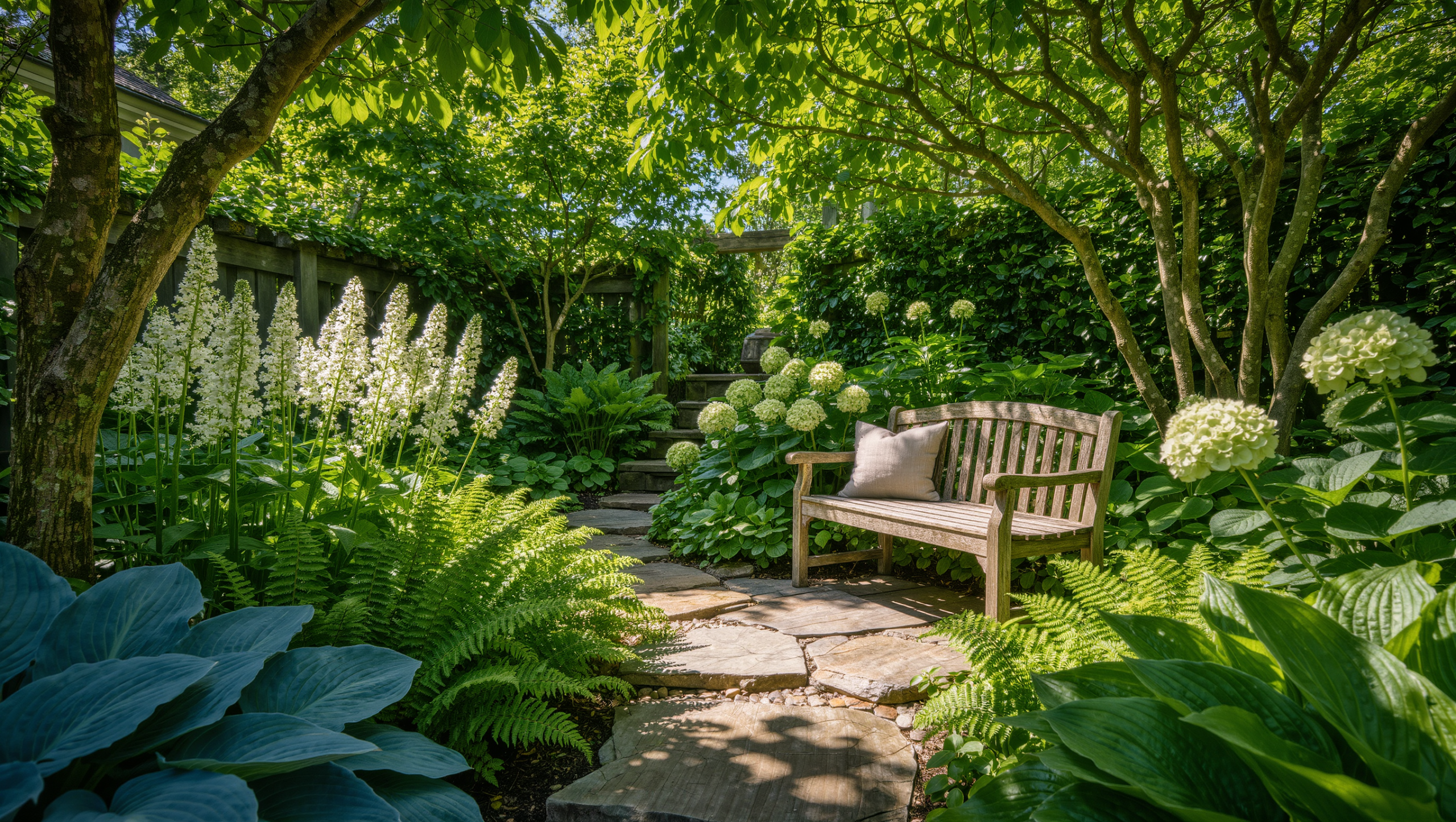 A lush shade garden with hostas, ferns, white astilbe, and pale hydrangeas along a stone path, with a teak bench in dappled light.