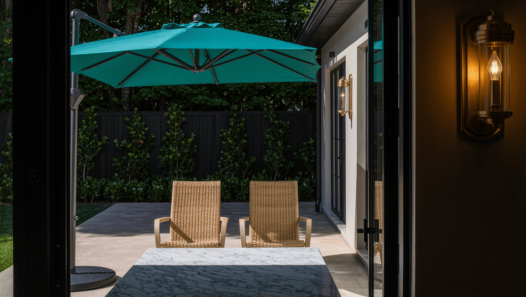 An outdoor dining table where an offset market umbrella casts its shadow directly over the seated chairs rather than the table center.