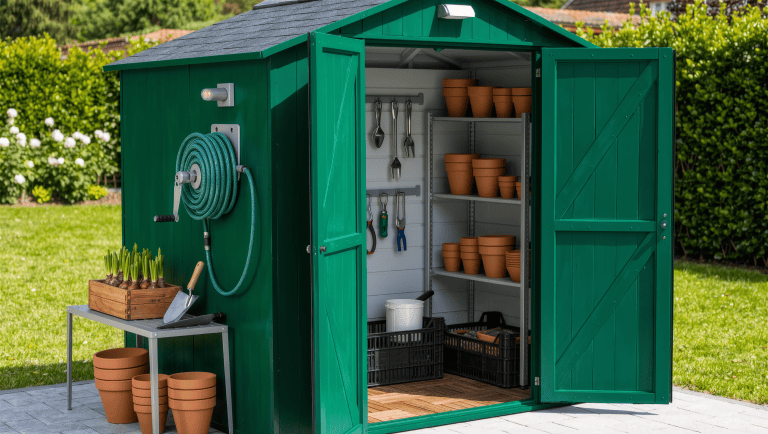 A deep-green garden shed with doors open to organized tools, a wall-mounted hose reel, and a potting bench with pots and bulbs in afternoon sun.
