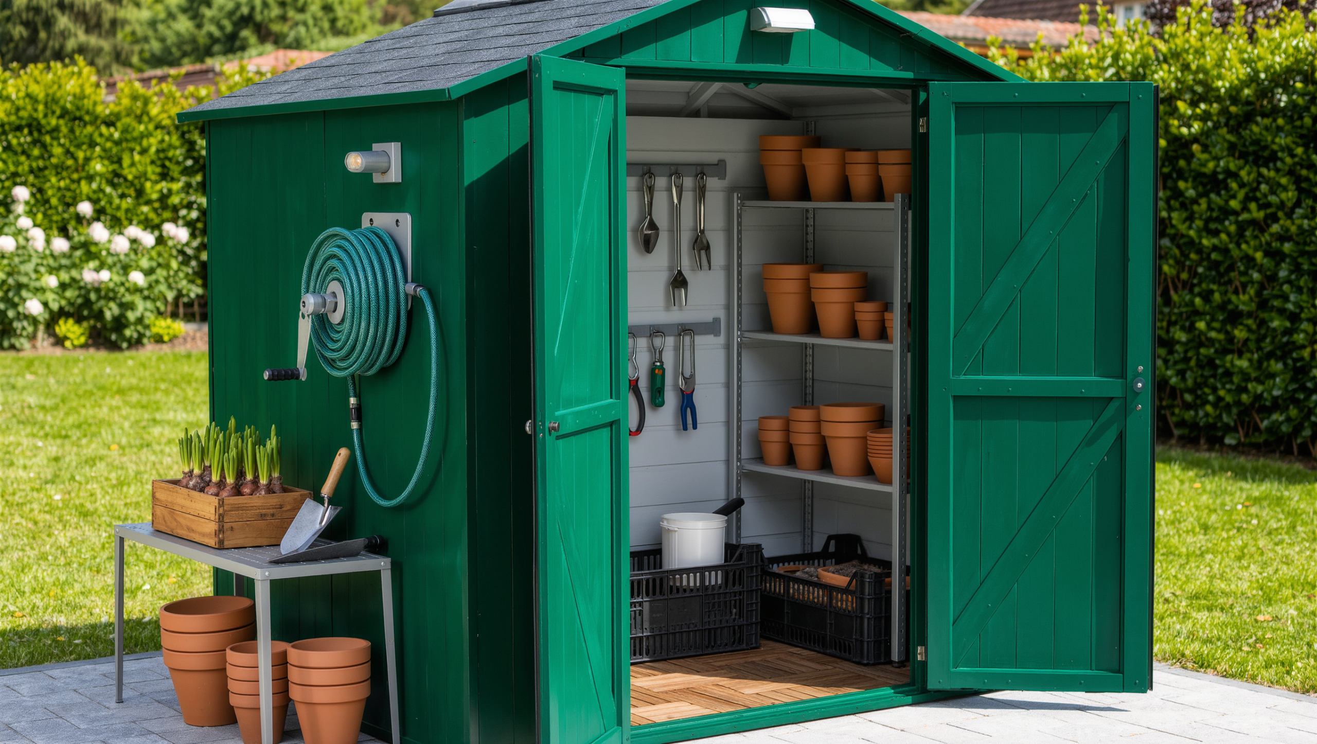 A deep-green garden shed with doors open to organized tools, a wall-mounted hose reel, and a potting bench with pots and bulbs in afternoon sun.