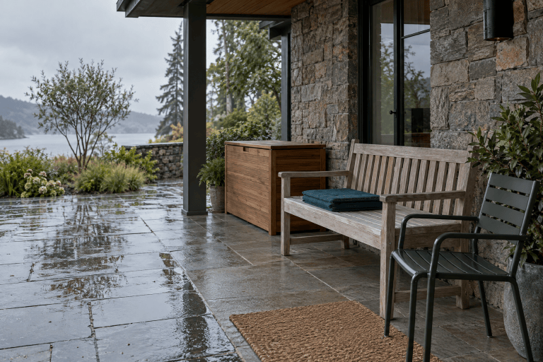 A covered stone terrace after rain: a silvered teak bench with a folded teal cushion and a dark green metal chair stay dry under the overhang while the paving beyond is still wet, with a closed cedar deck box holding the cushions
