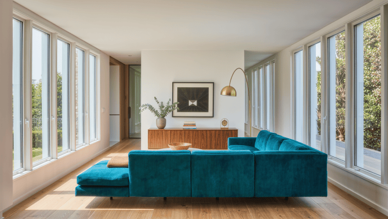 A bright living room with a teal sofa floated mid-room, a walnut console at its back, and a clear walkway behind it.