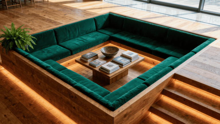 A sunken conversation pit with built-in green seating and wide oak steps lit by a continuous strip under each tread.
