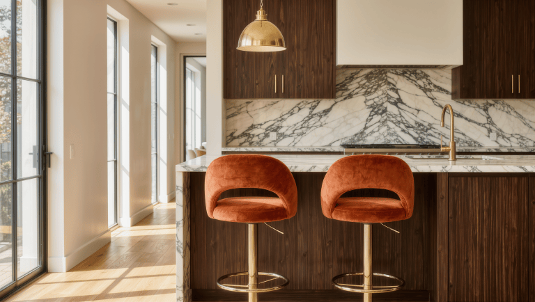 Two velvet barstools with brass footrests sit at a marble counter with clear space behind.