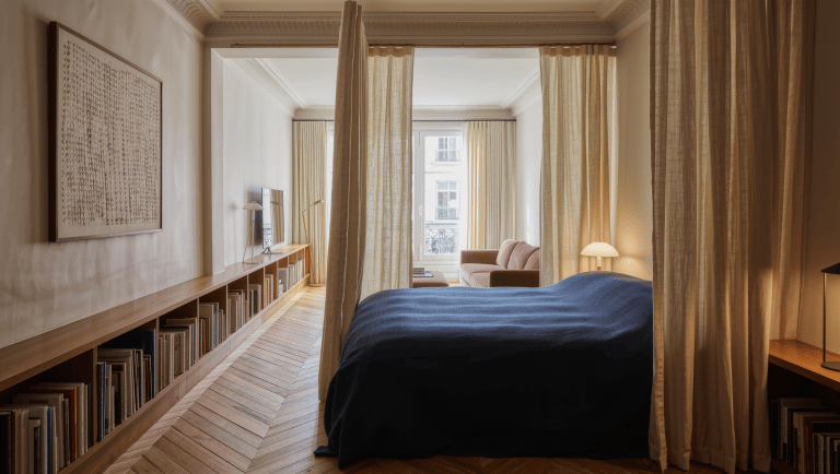 Studio apartment with a bed zone edged by a linen curtain and a low bookshelf, keeping a clear walking route