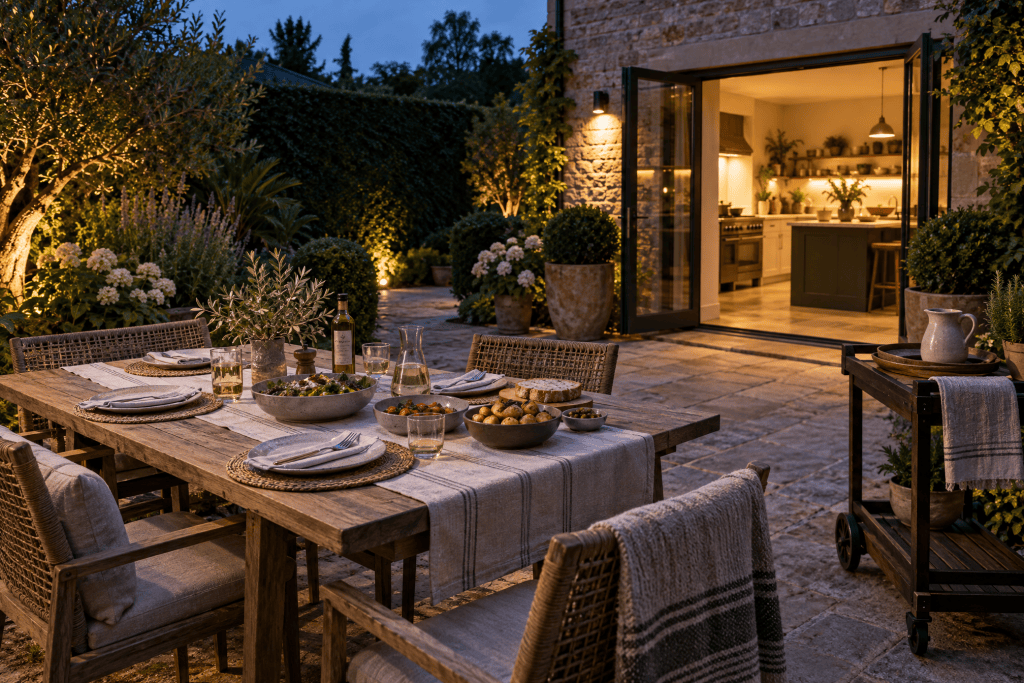 A garden dining table set mid-meal at dusk with serving bowls, a carafe and woven placemats, a wheeled serving trolley beside it, and the warmly lit kitchen standing open across a stretch of stone paving well behind the table