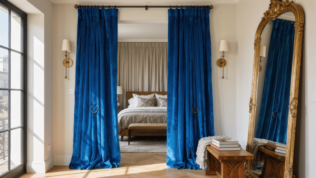 A sapphire velvet curtain hangs from a ceiling track, partially drawn between a lounge and bedroom.