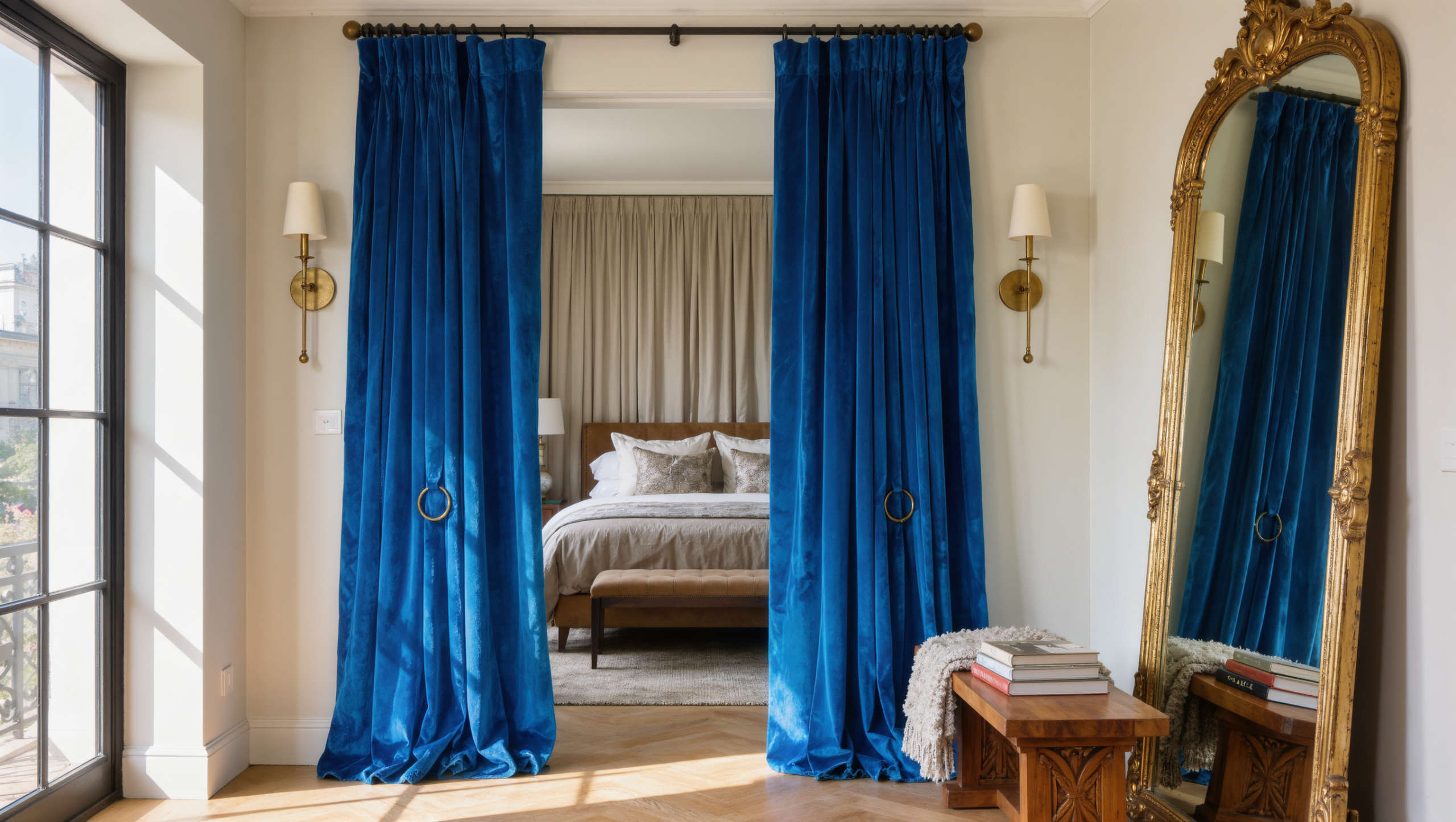 A sapphire velvet curtain hangs from a ceiling track, partially drawn between a lounge and bedroom.
