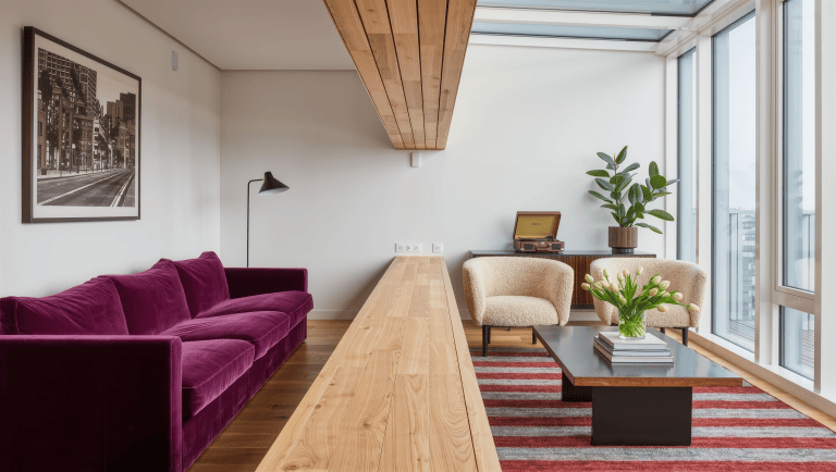 A daylit living room with a clear diagonal walkway of pale wood floor between a plum velvet sofa and two boucle armchairs.