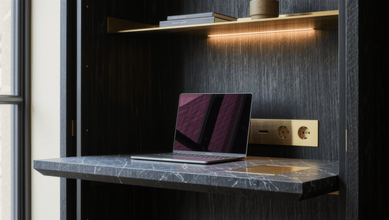 A built-in charcoal work wall holds a marble desk with a flush brass outlet panel.