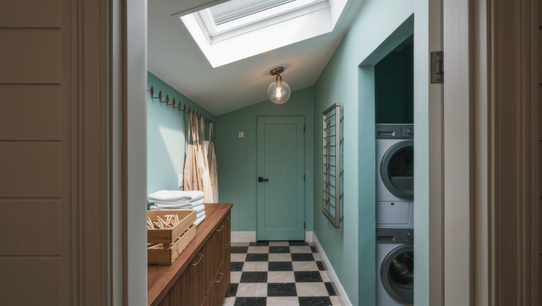 Bright laundry pass-through with a skylight, stacked washer-dryer alcove, walnut counter with folded towels, and checkerboard tile floor