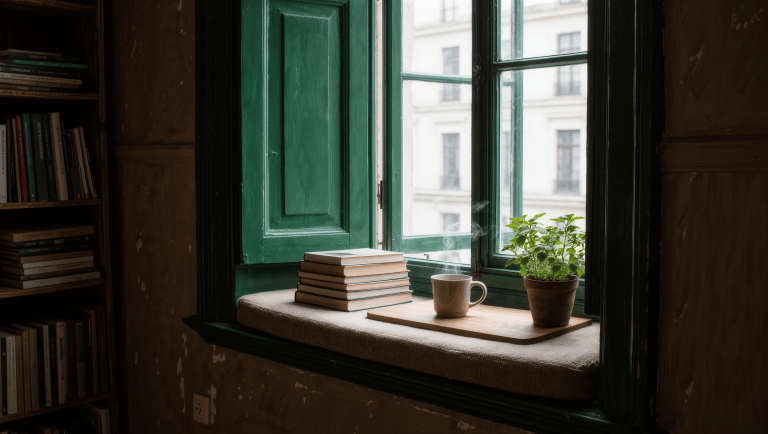 Deep window sill set up as a reading perch with a cushion, a stack of books, and a steaming mug, daylight coming through the window