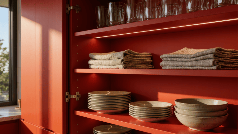 An open kitchen cabinet shows clearly zoned shelves for glassware, linens, and ceramic bowls at reachable heights.