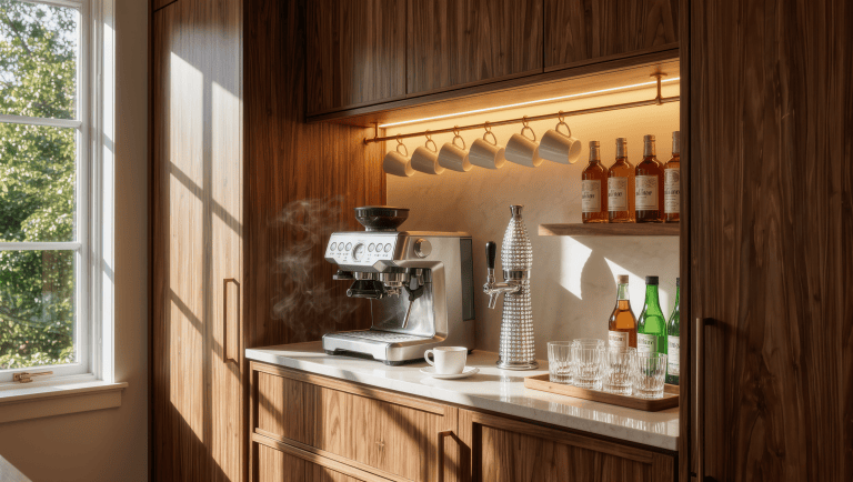 A walnut beverage station in morning light with an espresso machine steaming, a sparkling water tap, and bottles tidied to one side.