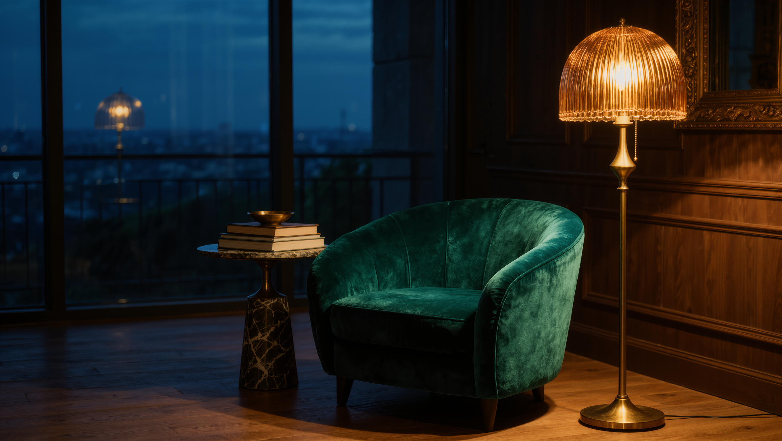 At blue hour, one reading corner glows from a brass floor lamp while the rest of the living room fades into dusk shadow.